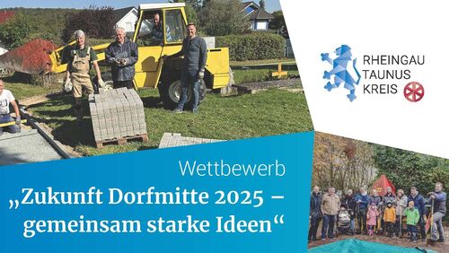 Foto: Logo des RTK und Menschen, die ehrenamtlich in einem Garten mit Schaufel und schwerem Gerät tätig sind.